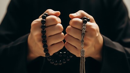 Close up of hands clutching dark prayer beads with a silver tassel
