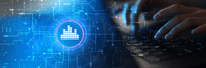 Digital Audio Technology and Sound Visualization Illustrated on Futuristic Interface.
