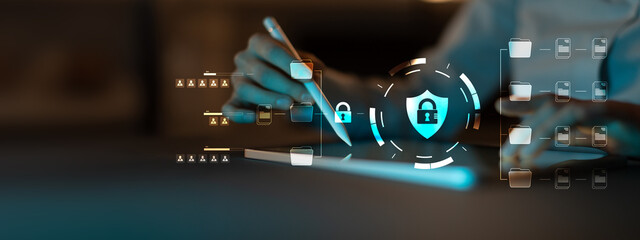 Cybersecurity Data Protection and Secure File Management System Illustrated on Digital Interface.