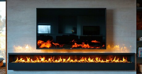 Modern living room features linear fireplace below wall mounted television. Warm flames create cozy ambiance. Neutral tones dominate design.