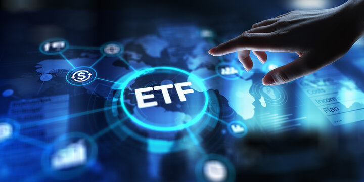 ETF Exchange-Traded Fund Investment Strategy, projection on a virtual screen, Business and Technology Concept.
