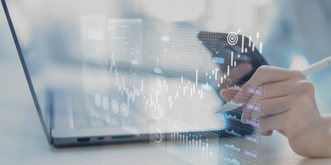 Stock Market Data Visualization and Financial Trading Analytics Dashboard on Touchscreen Tablet.