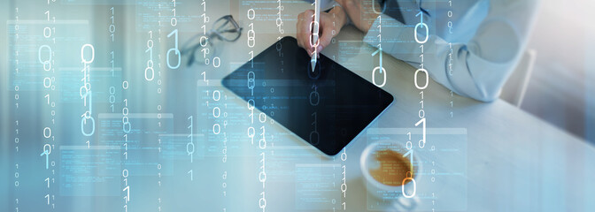 Binary Code and Digital Data Streams Displayed on Futuristic Transparent Interface.