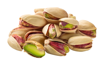 Pile of opened pistachios with bright green kernels and red skins nuts food
