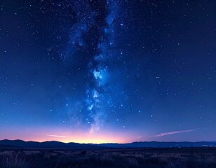 Fototapeta premium A breathtaking and immersive celestial spectacle of the Milky Way galaxy unfolding across a vast, dark night sky, casting an ethereal glow over a serene natural landscape with a distant horizon
