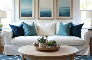 Bright living room with white sofa. Blue and teal pillows accent comfortable seating. Wood coffee table with plants sits before nautical art.