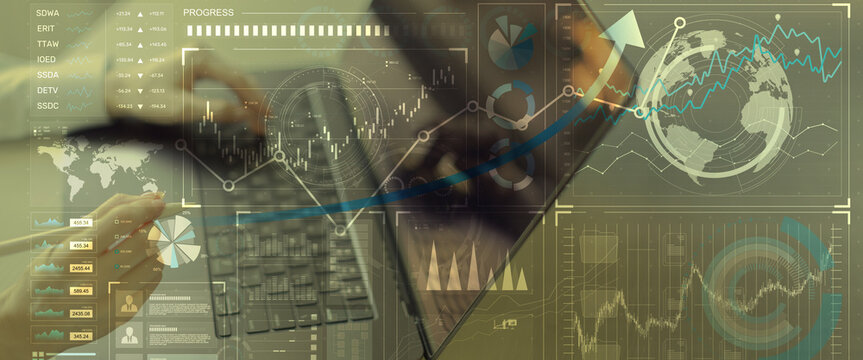 Interactive Global Financial Data Analysis Interface with Graph Trends on Touchscreen. - Powered by Adobe