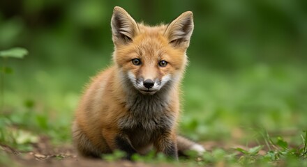 Obraz premium Adorable baby red fox sitting and looking towards the camera in a forest clearing