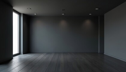 Empty dark modern room at night. Dark gray walls and floor with wide window on left. Minimalist interior design with recessed ceiling lights and copy space.