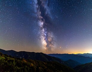 Spectacular Milky Way Galaxy Over Mountain Landscape Under Starry Night Sky
