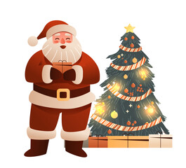 Santa Christmas celebration festive tree lights gifts decorated pine garlands ornaments presents glowing background holiday scene