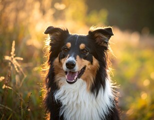 Fototapeta premium A beautiful dog with black, white, and tan fur basking in the sunset