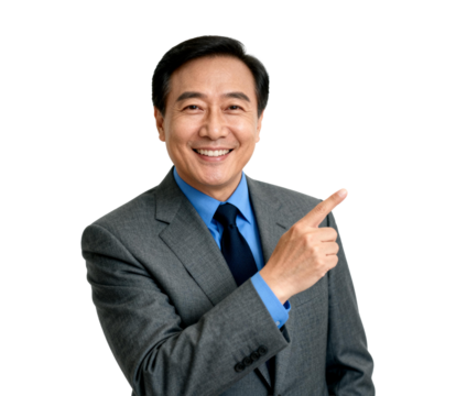 [Transparent Background PNG]A smiling man in a suit pointing with his right hand - Powered by Adobe