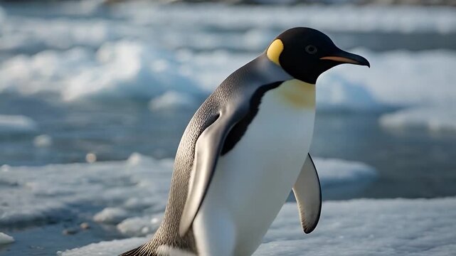Penguin slowly waddling across the icy surface in a cold polar landscape