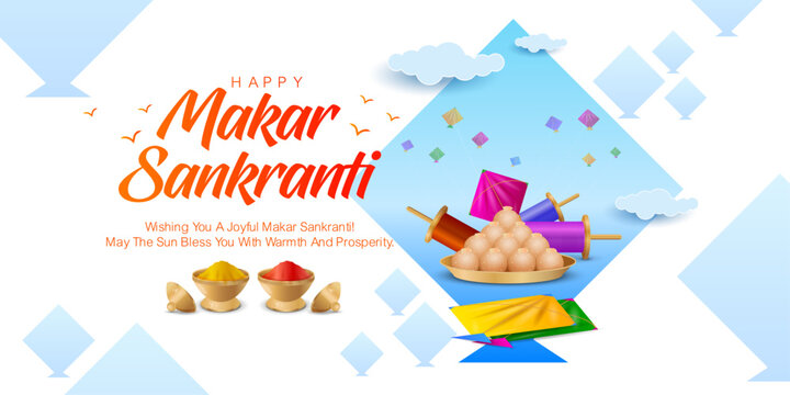 Clean and modern Makar Sankranti vector illustration featuring colorful kites, tilgul sweets, thread reels and festive elements. Suitable for Sankranti greetings, posters, banners and digital promo.