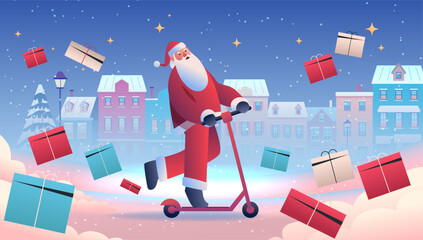 Santa Christmas New Year 2026 celebration Santa riding scooter surrounded by flying gifts snowy town festive winter night houses stars clouds