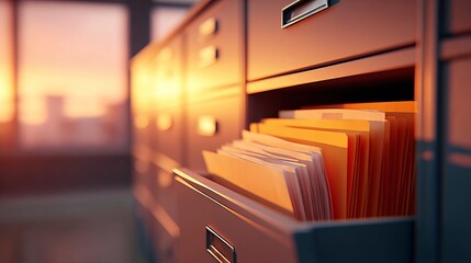 Organized business files in a warm, golden office setting, showcasing efficient data management and secure record keeping for professional administration.