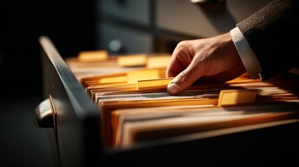 Efficiently managing important filing and files within a classic office environment, a professional hand retrieves crucial documents from an organized cabinet drawer for business operations.