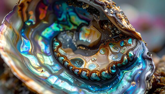 Close-up of a pearlescent sea shell interior, showcasing iridescent colors and a detailed, textured surface