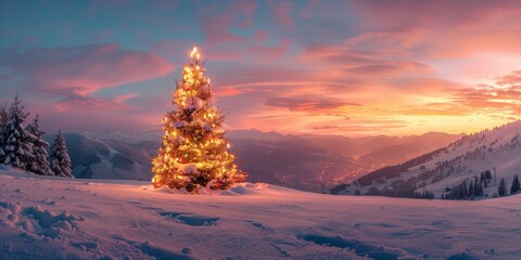 A Christmas tree with candles and lights stands lonely and romantic in a panoramic landscape with snow and mountains at sunset