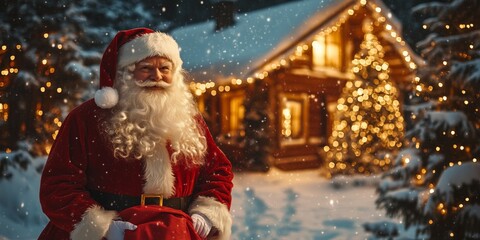 Santa Claus with a backpack full of presents walks through the snow to a lonely romantically lit hut