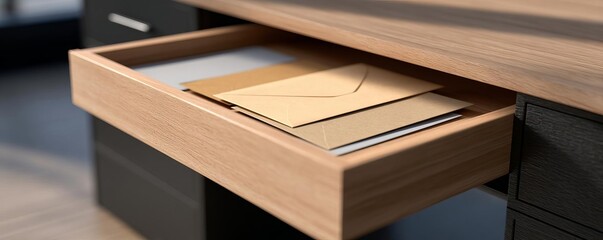 Organized wooden drawer in a modern home office desk, neatly storing important paper documents and envelopes for efficient business administration and personal correspondence.