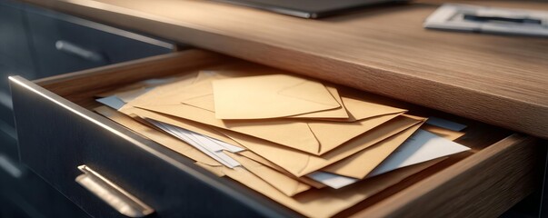 Organized envelopes and important mail stored neatly in a wooden desk drawer, showcasing efficient paper management and secure document keeping for business or personal use.