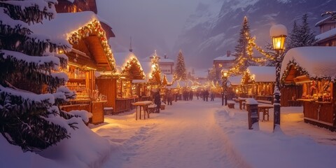 a romantically illuminated Christmas market in the evening with many stalls in deep snow