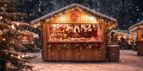 a romantically illuminated stall with arts and crafts at Christmas market in the evening in deep snow