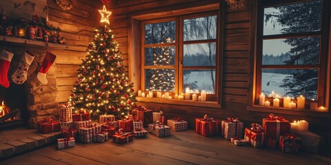 many presents lie under a beautifully decorated Christmas tree in the cozy living room on Christmas Eve