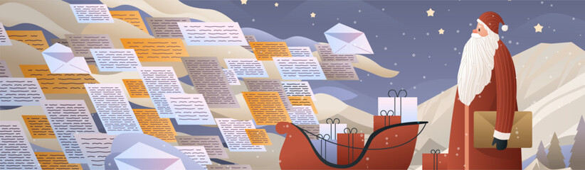 Santa Christmas letters gifts sleigh winter landscape night sky snow mountains envelopes festive mail delivery holiday scene