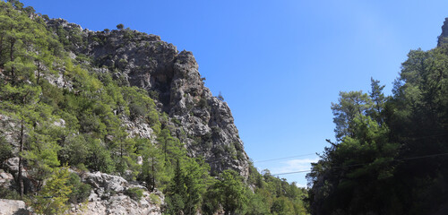 Dramatic limestone mountains in Goynuk canyon, Turkey. Rocky cliffs with pine forests.