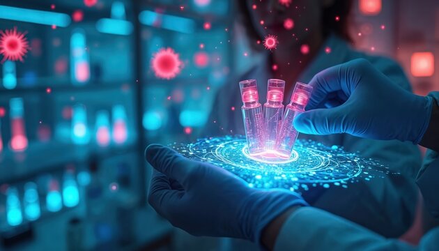 Scientist holds vials with glowing data interface. Futuristic lab research shows genome sequencing analysis. Red viruses float around tiny samples for medical discovery. - Powered by Adobe