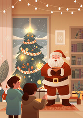 Santa Christmas celebration children receiving gifts festive decorated tree cozy living room winter night lights bookshelf