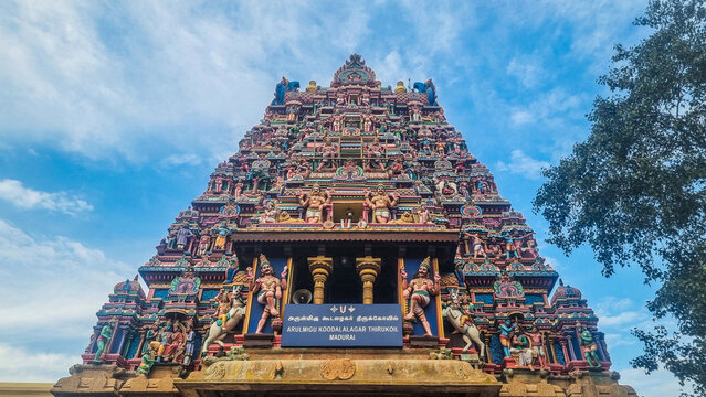 Madurai, Tamilnadu, India - December 16, 2025: Ornate temple gopuram of Koodal Azhagar Temple during the Margazhi season, showcasing South Indian Dravidian architecture in Madurai, India