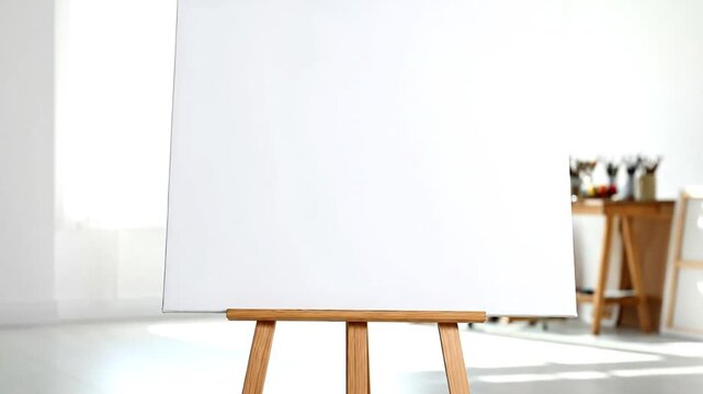 A blank canvas on an easel, waiting for a creation in a bright, white studio