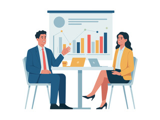 Two business professionals, a man and a woman, stand with their arms crossed, looking at a presentation board displaying a bar graph with an upward trend.