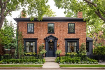 A beautiful brick house adorned with striking black details is complemented by vibrant green plants in front, all basking in the warm sunlight of a lovely residential neighborhood