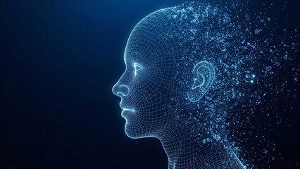 Digital Human Face Disintegrating into Particles on Dark Blue Background