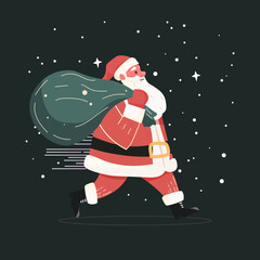 Santa Claus Christmas celebration walking with gift sack snowy night festive dark background stars cartoon flat holiday character