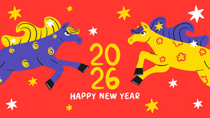 Colorful Chinese New Year of the horse 2026 banner. Hand drawn bright poster. Doodle style flat vector illustration.