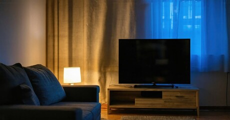 Dim living room scene. Sofa, lamp, tv stand present. Blue light emanates from window, warm glow from lamp. Cozy interior.
