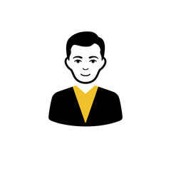 Simple flat icon illustration of a smiling man in a suit with a yellow collar on a white background