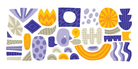 Abstract modern dopamine organic shape round form set. Liquid organic blob curve shape figure with patterns, violet and yellow. Abstract liquid bubble, wavy different form. Soft round oval pattern.