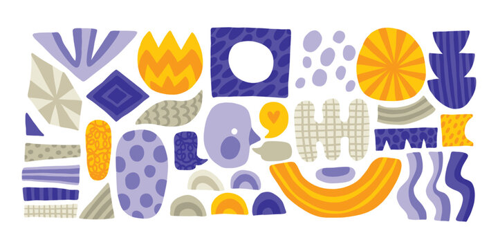 Abstract modern dopamine organic shape round form set. Liquid organic blob curve shape figure with patterns, violet and yellow. Abstract liquid bubble, wavy different form. Soft round oval pattern.