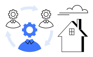 Business processes, teamwork, housing projects, collaborative planning, property management, design workflow. Diagram shows gears, people icons clouds and a house outline. Business processes
