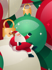 Santa Christmas celebration festive scene with Santa Claus relaxing on large colorful ornaments surrounded by sparkling decorations holiday background