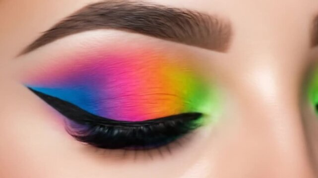 Vibrant closed eyes featuring rainbow eyeshadow, dark voluminous lashes, and defined brows
