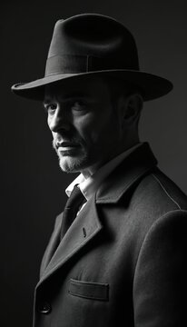 Monochrome portrait of a man wearing a fedora hat and overcoat. He looks thoughtfully into camera with a hint of mystery. This classic retro style photo shows a confident adult male.