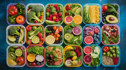 Healthy Meal Prep Boxes with Fresh Fruits and Vegetables